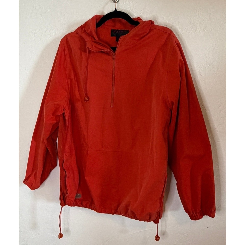 Polo Ralph Lauren Mens Orange Quarter Zip Hooded Windbreaker Anorak Jacket L